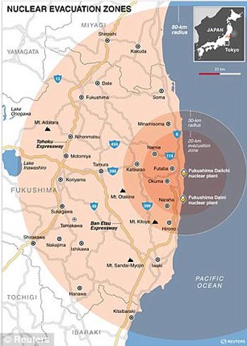 Safe? This map shows cities within the evacuation zones surrounding Japan's Fukushima nuclear plant