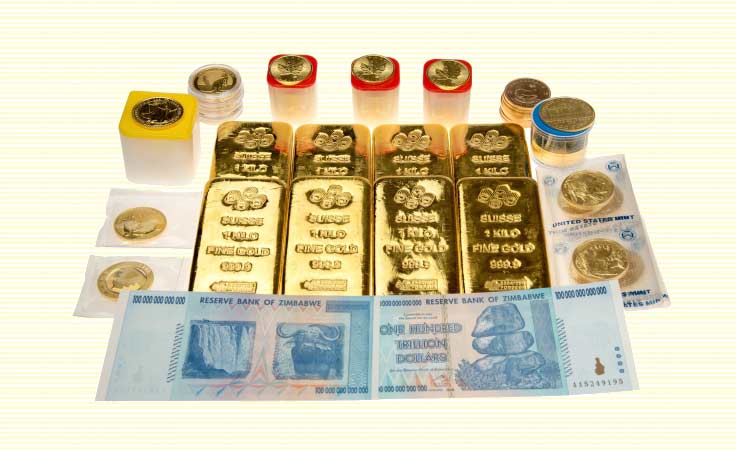 Zimbabwe 100 trillion dollar notes together with gold bullion