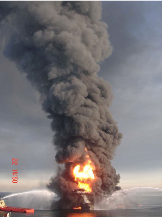 Oil rig fires like the Macondo explosion can disseminate airborne radioactive particles depending on the source of the hydrocarbons.